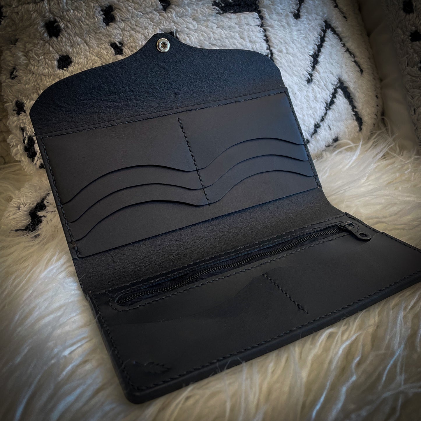 Handcrafted Leather Billfold with Zipper Pouch and Snap Closure