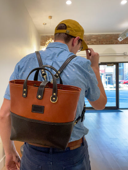 Handcrafted Black & Tan Mid-Size Convertible Market Tote Backpack/Shoulder/Handle