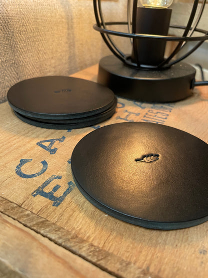 4 Pack Handmade Black Leather Round Coasters